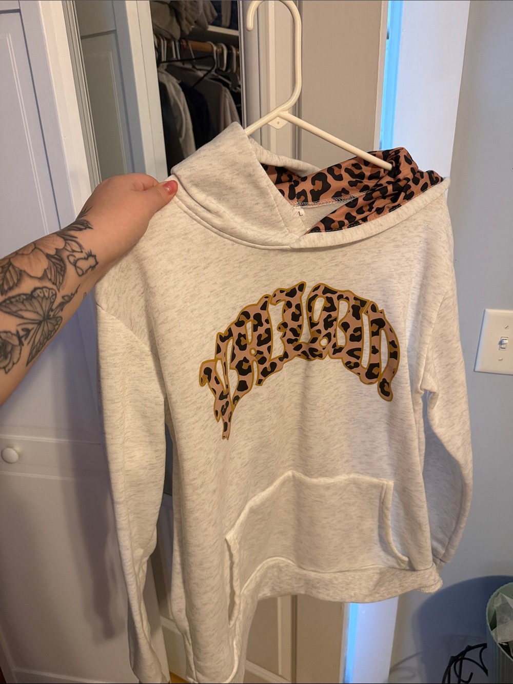 Light Heather Gray Hoodie with Leopard Print Accent